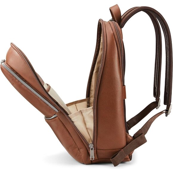 Men's Cognac Classic Leather Slim Imported Zipper Nylon Laptop Pocket Backpack - Picture 7 of 8